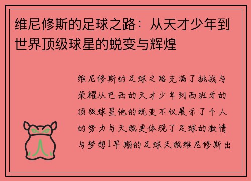 维尼修斯的足球之路：从天才少年到世界顶级球星的蜕变与辉煌